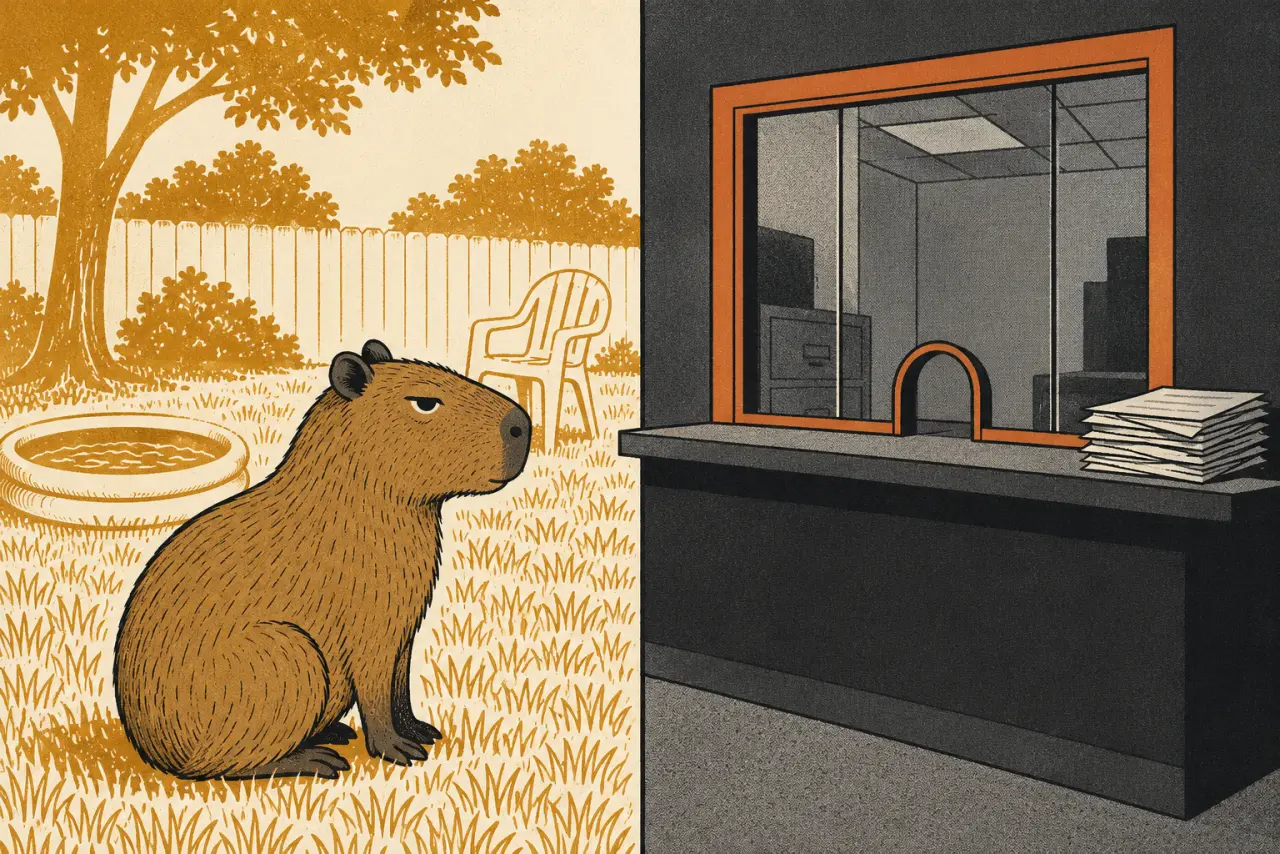 Two-panel illustration of a capybara in a backyard beside an empty permit office counter