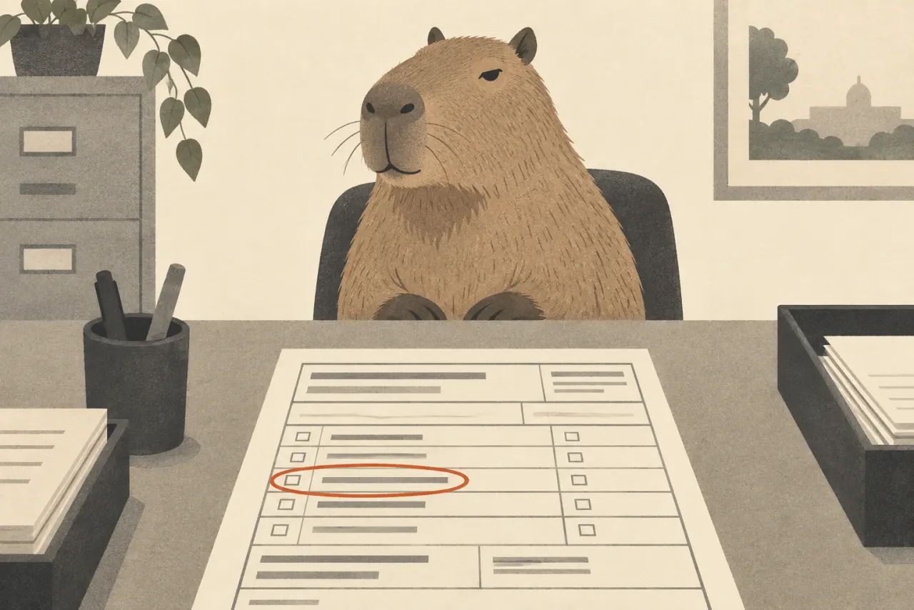 Illustration of a government form on a desk with one line item circled in red, a capybara sitting on the far side of the desk waiting