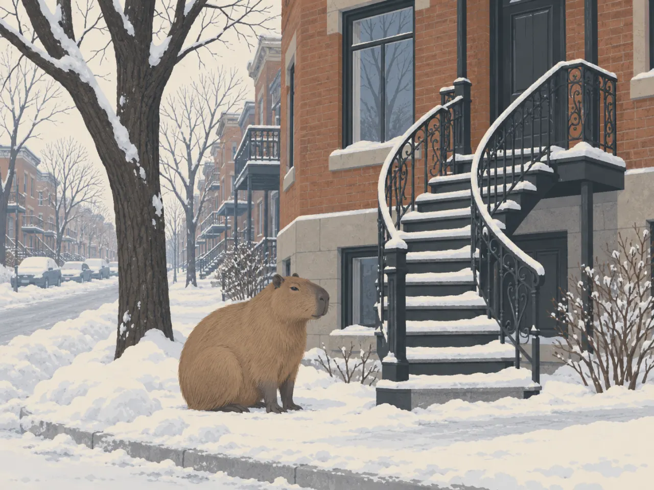 Capybara sitting on a snowy Montreal street corner beside an exterior spiral staircase, flat muted winter palette