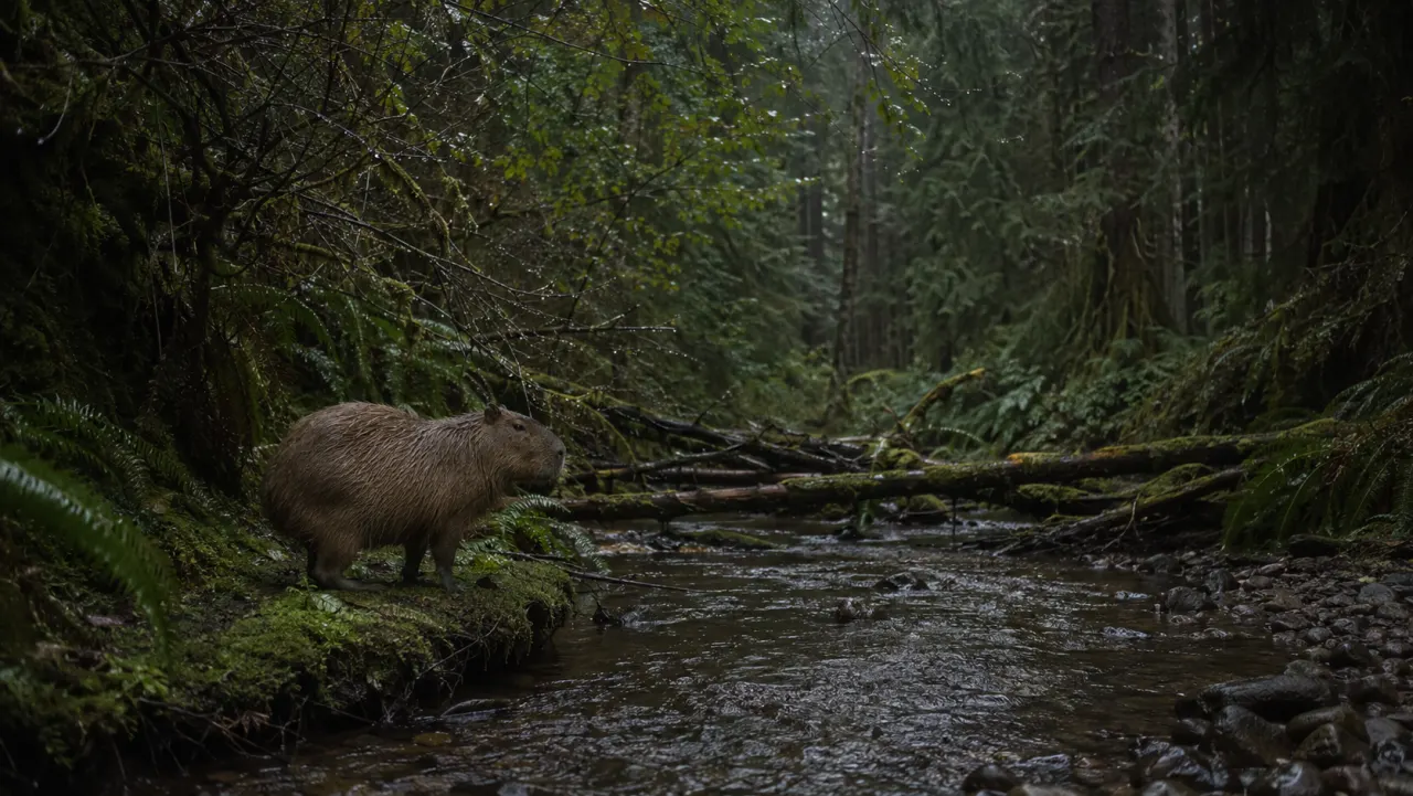 Capybara on a mossy bank beside a creek in a Washington temperate rainforest