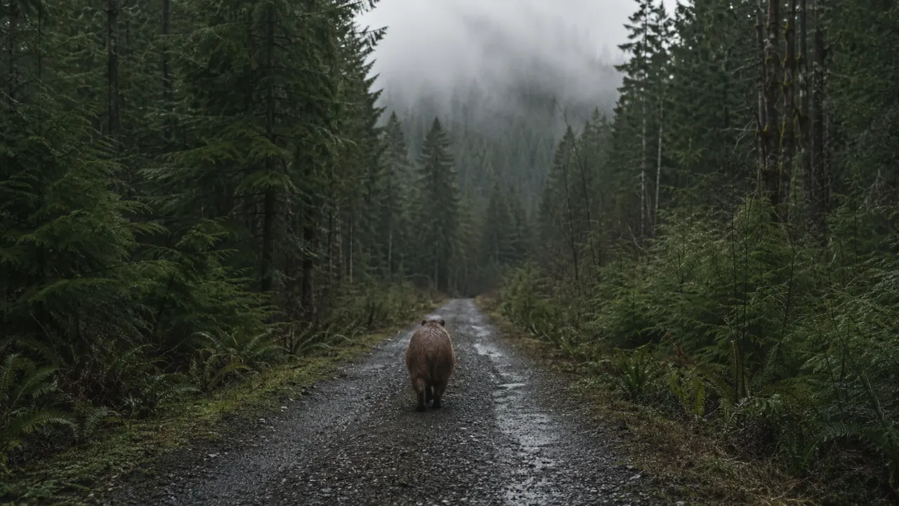 Capybara walking down a wet forest road through fog in the Oregon Coast Range