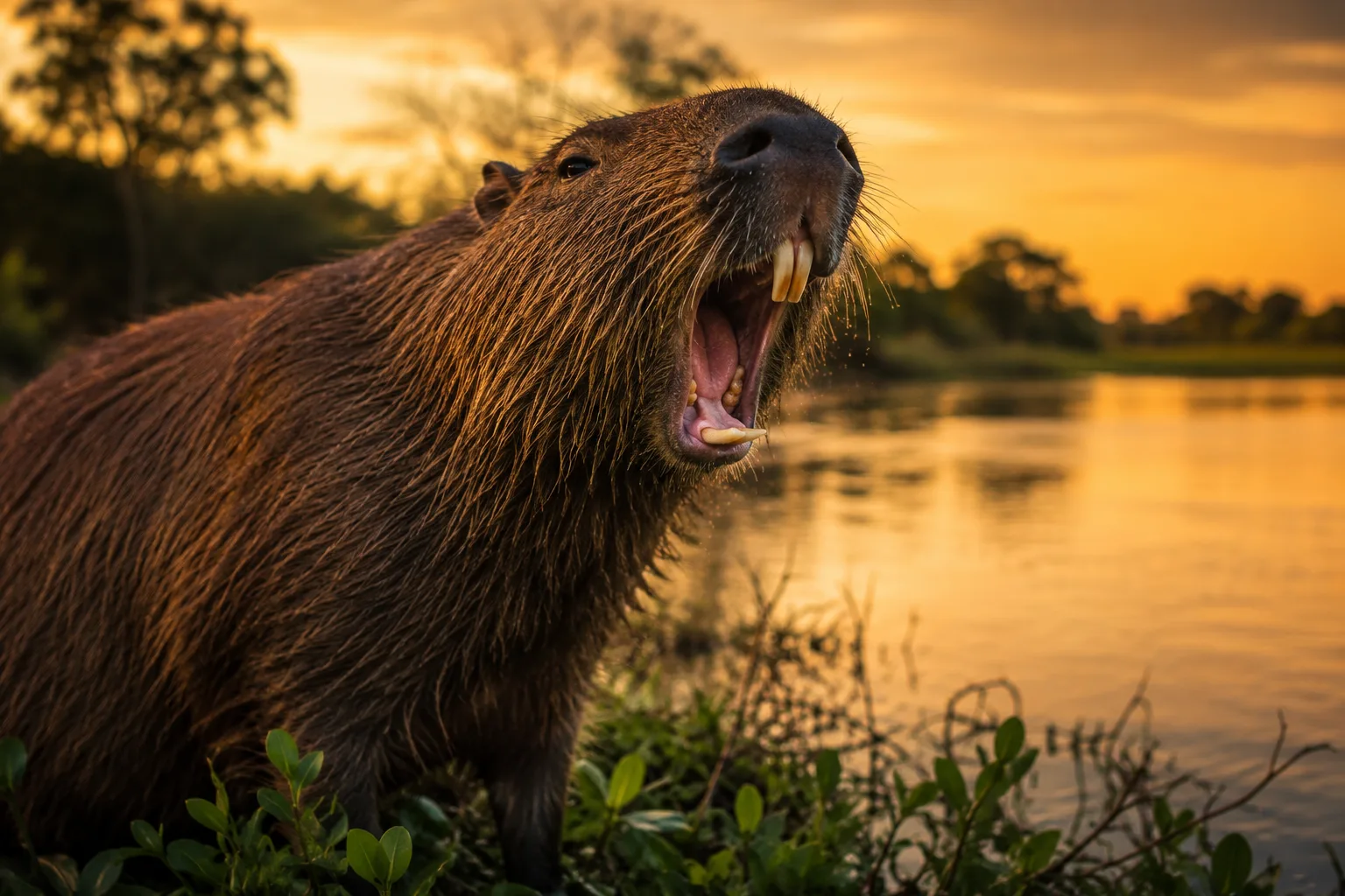 Capybara yawning widely at a river's edge at sunset, looking unconcerned about international biosecurity