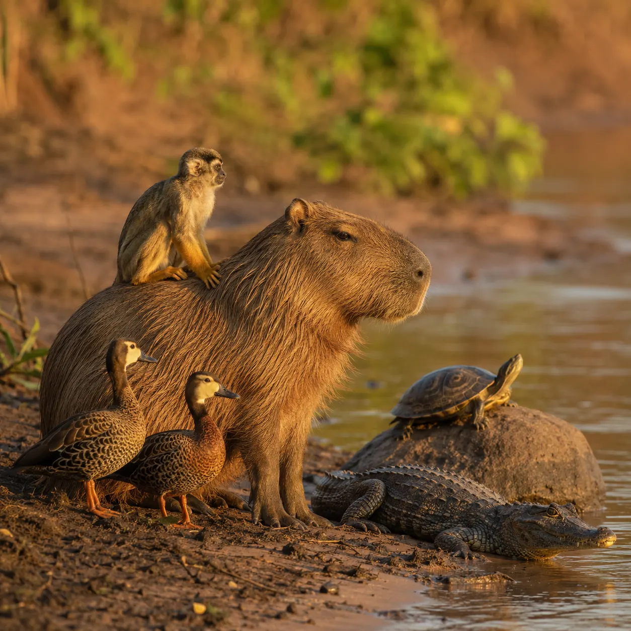 Capybara on a riverbank at golden hour with a squirrel monkey on its back, two ducks beside it and a caiman resting alongside