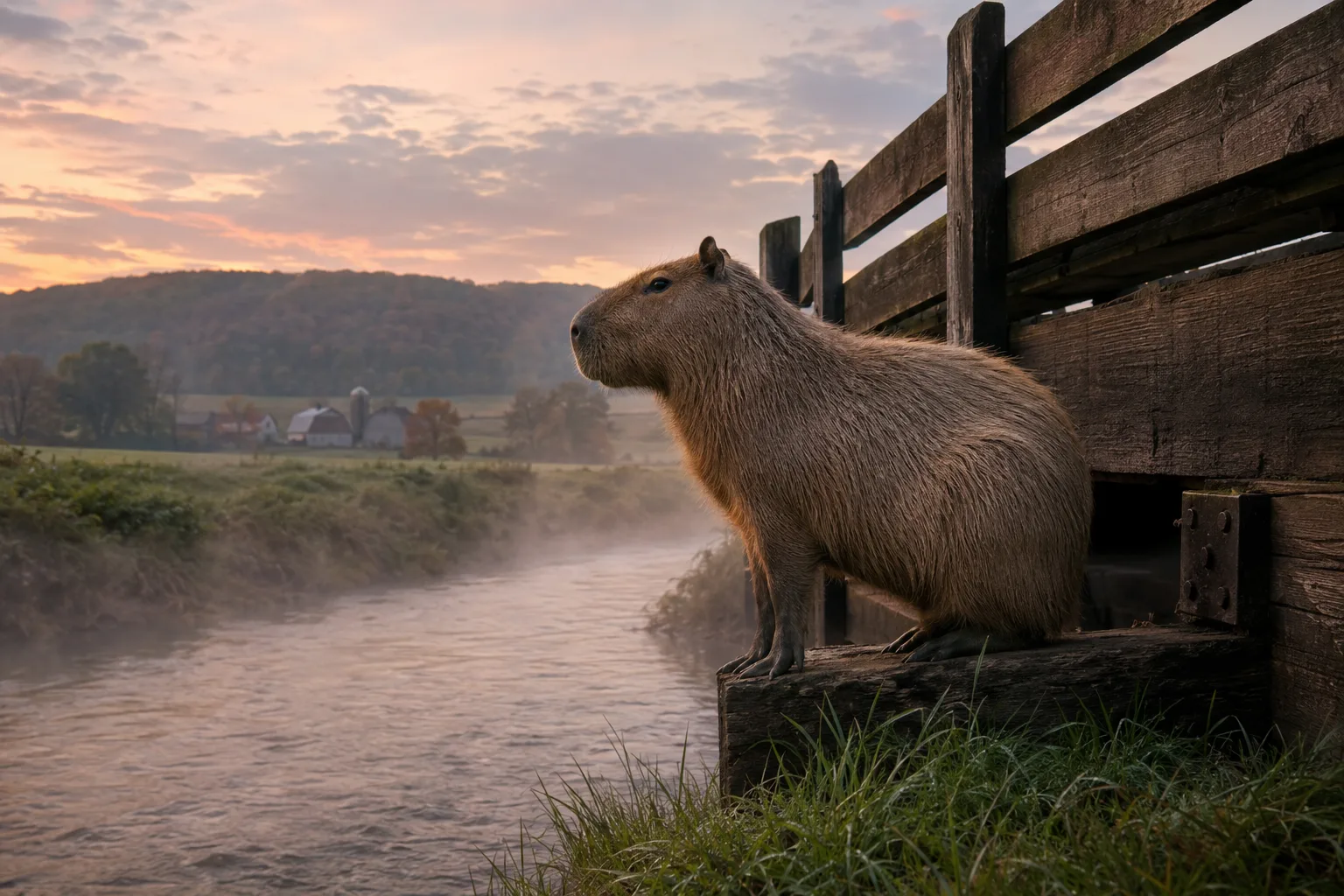 Capybara sitting on a wooden riverside dock at dusk with a New England autumn tree line in the background