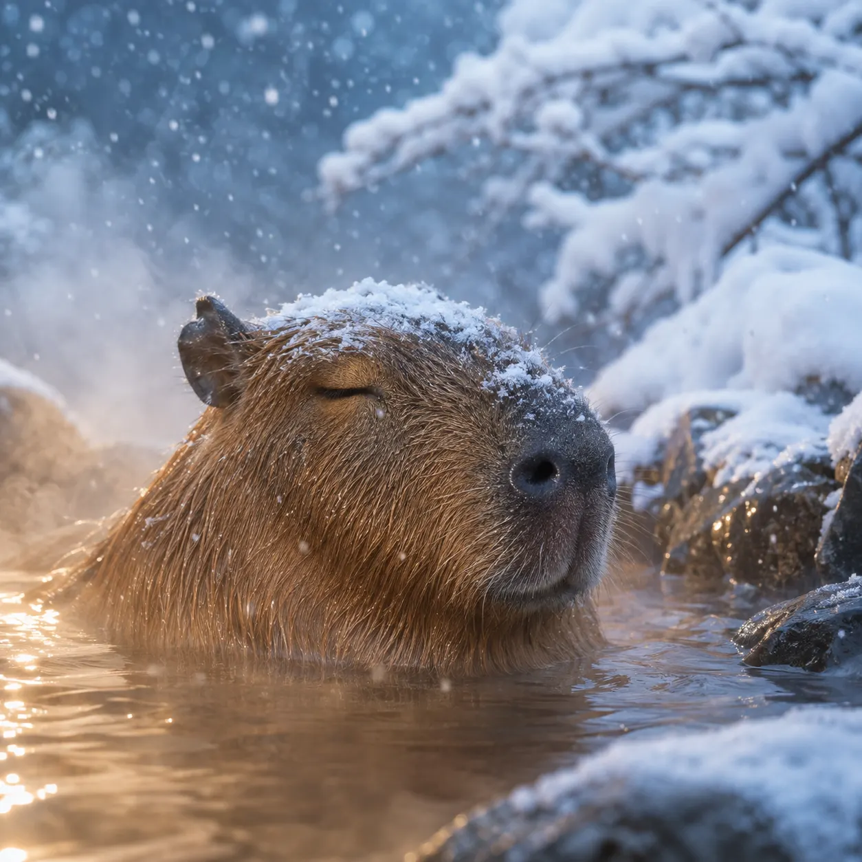 A capybara with snow on its head resting in a steaming hot spring.
