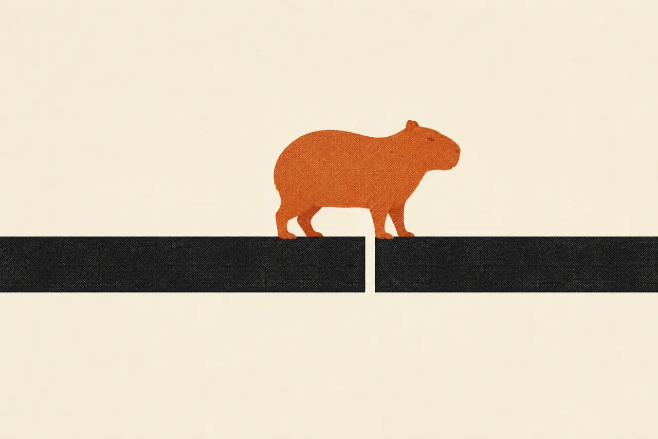 Illustration of a capybara standing over a clean gap in a long black bar, the space where a rodent entry would sit