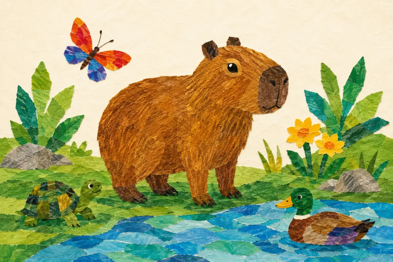 Illustration of a capybara standing in a shallow garden stream beside planted borders and a low fence