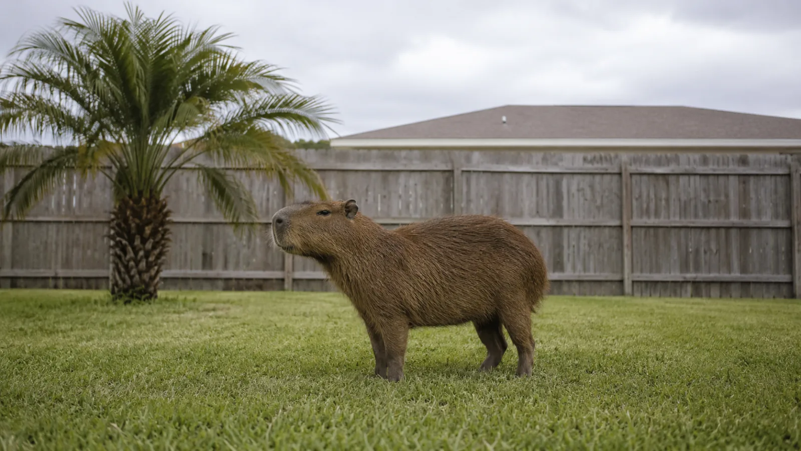Capybara standing on a manicured suburban lawn in front of a typical house