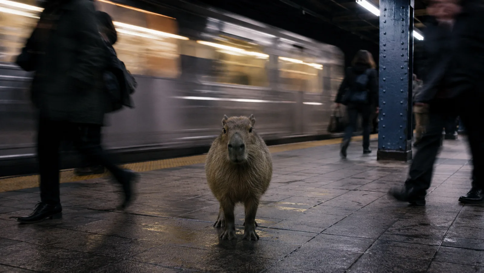 Capybara waiting at a subway platform under fluorescent station lighting