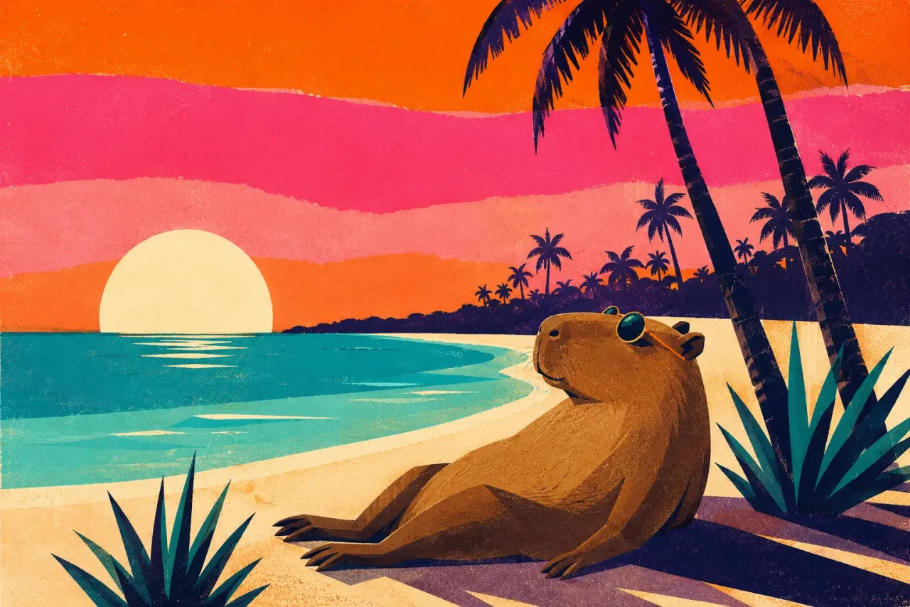 Capybara family group with adults and small pups relaxing near water at sunset