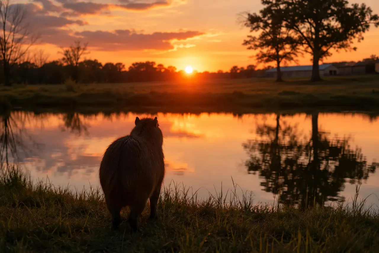 Illustration of a capybara sitting by calm water at sunset, gazing at the horizon in soft orange light