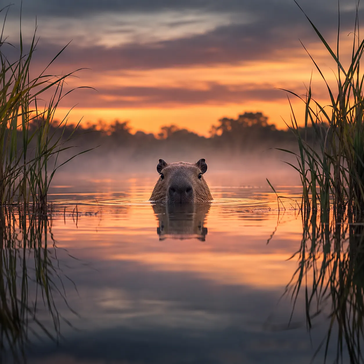 Capybara swimming with only its head above still wetland water at sunset, mist and reeds around it