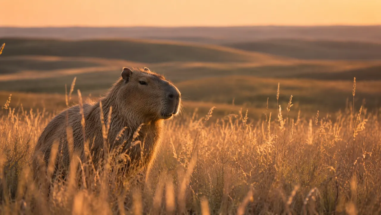 Capybara in tall prairie grass on rolling Oklahoma hills at sunset