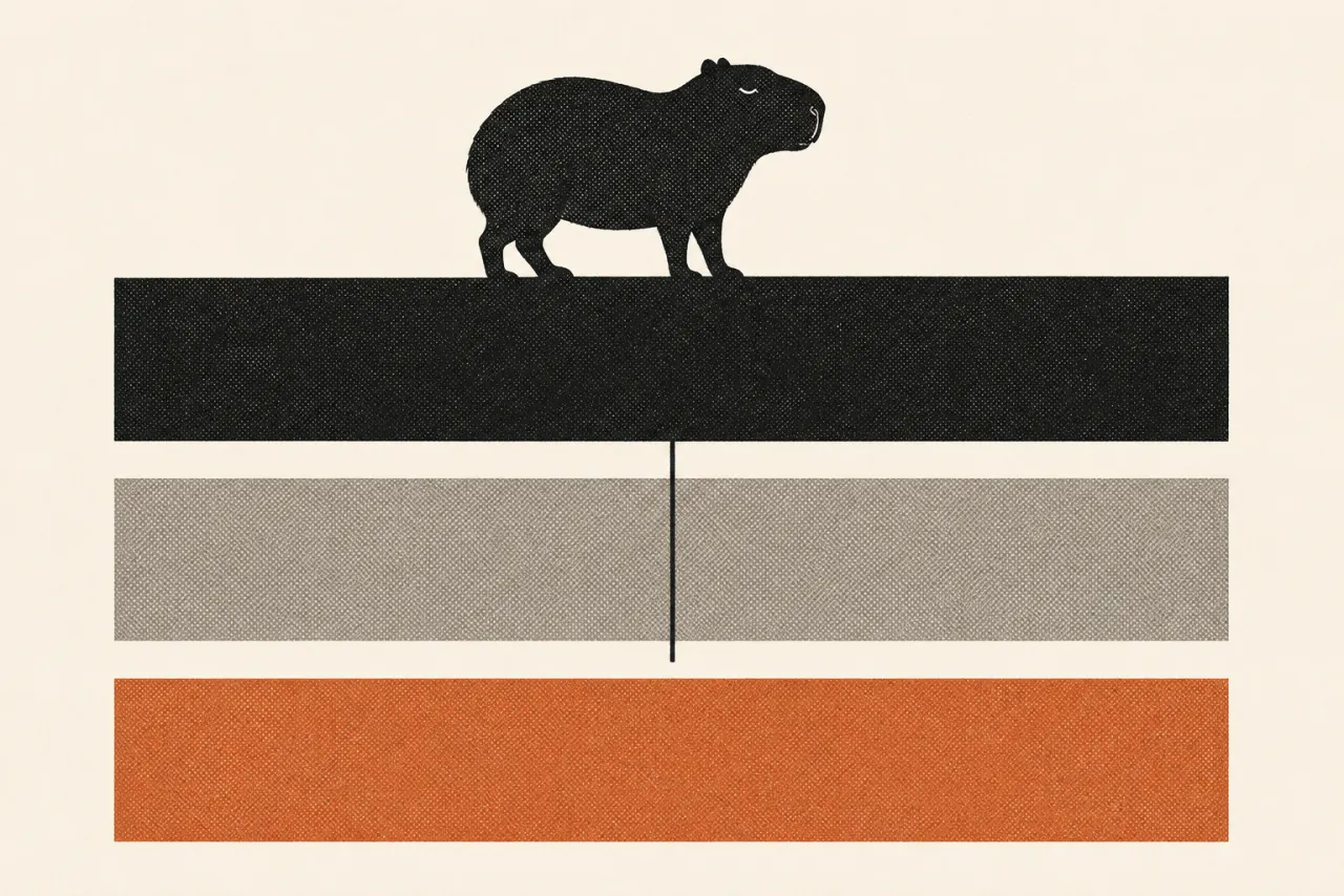 Illustration of three stacked horizontal bands with a capybara on the top band and a line dropping through the others