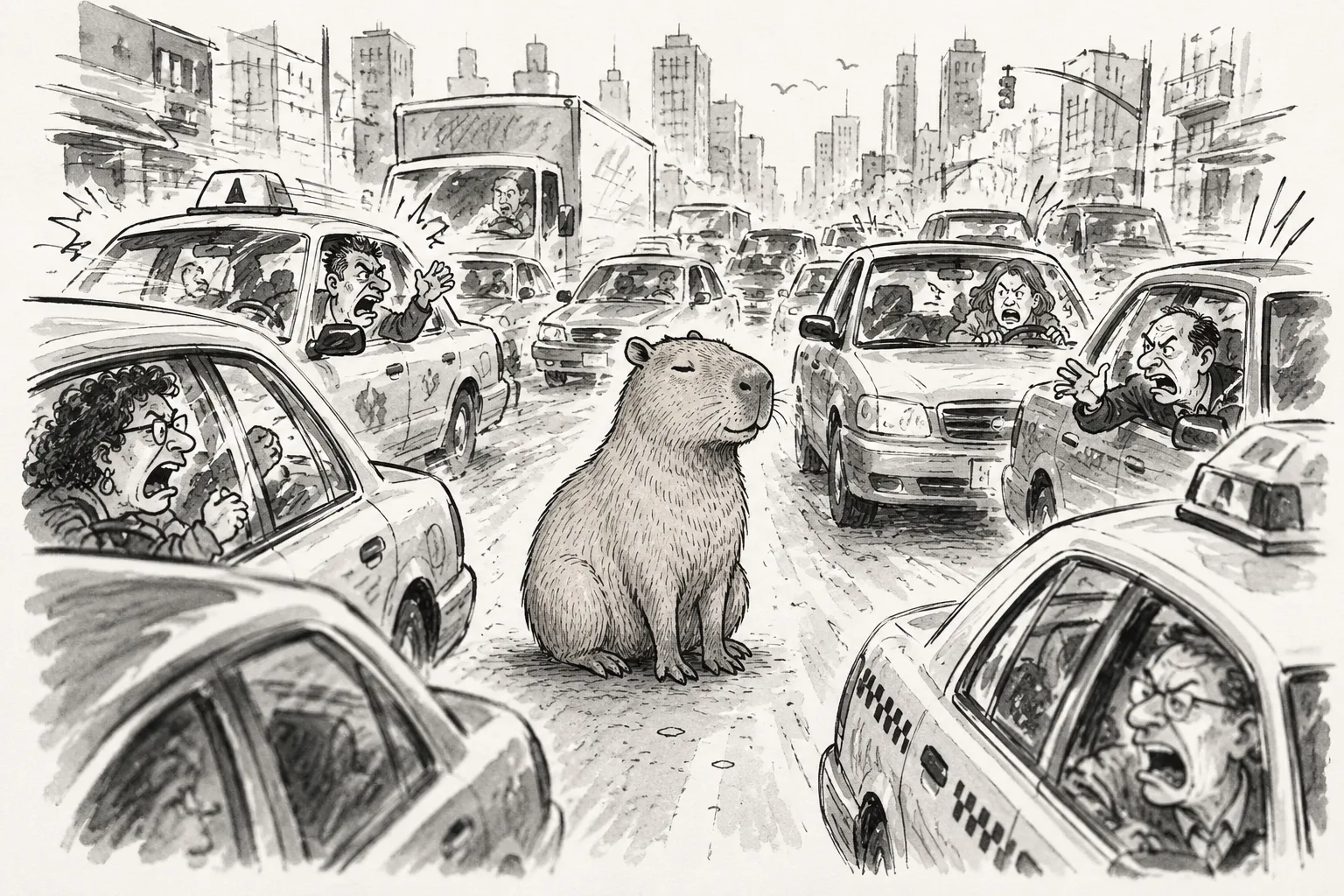 Capybara sitting in an urban traffic jam looking mildly inconvenienced by the situation