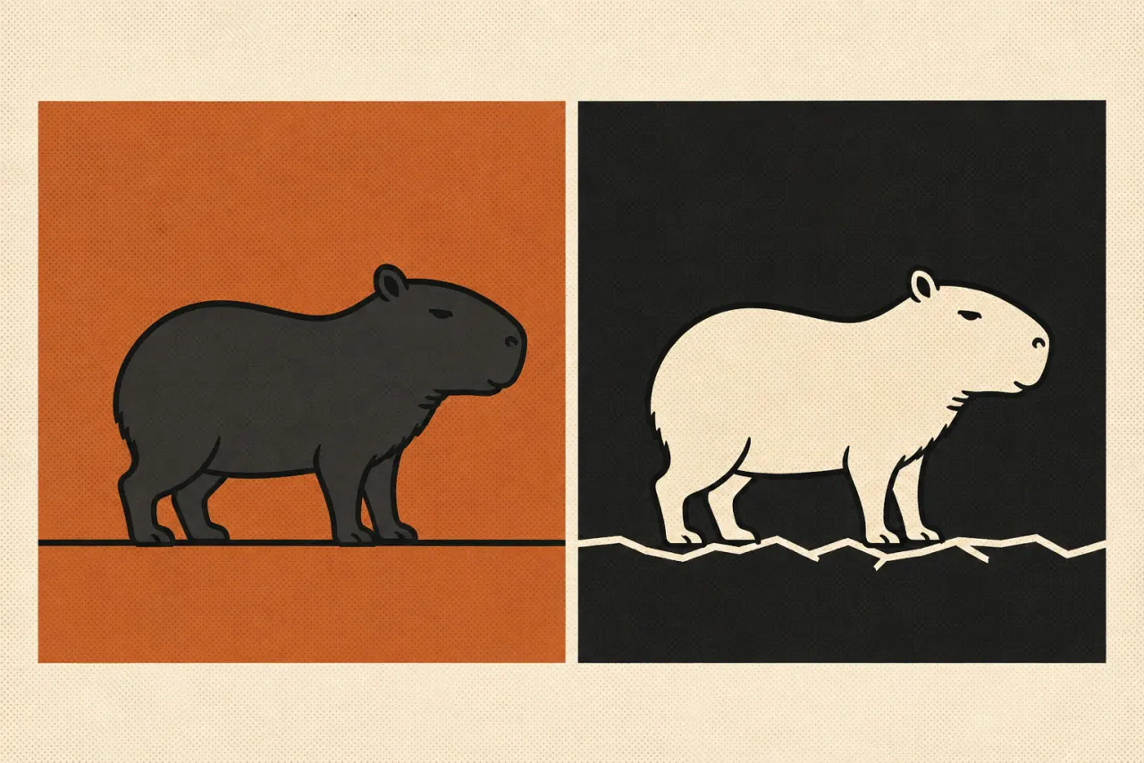 Two-panel graphic of the same capybara standing on solid ground and on cracked ground