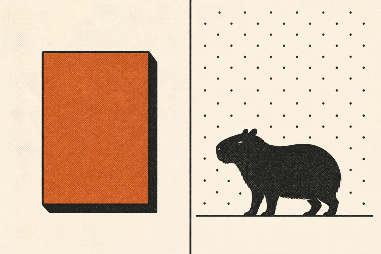 Illustration split into two panels, one a solid block and the other a capybara standing on open dotted ground