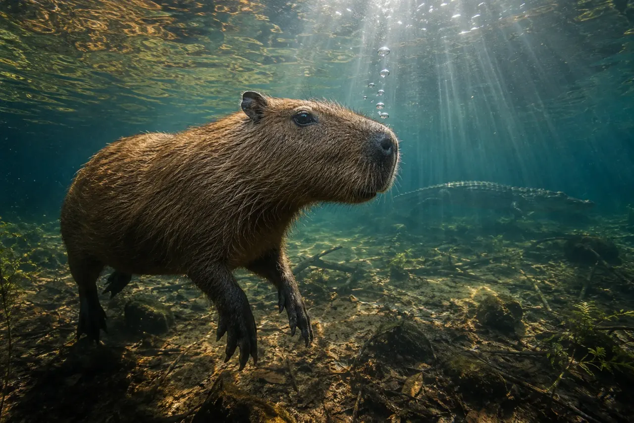 Illustrated capybara swimming underwater with the head near the surface