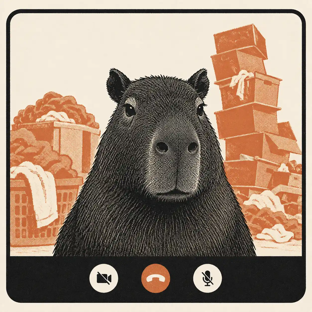 Illustration of a capybara on a video call in front of stacked moving boxes, for a capybara dorm essentials guide
