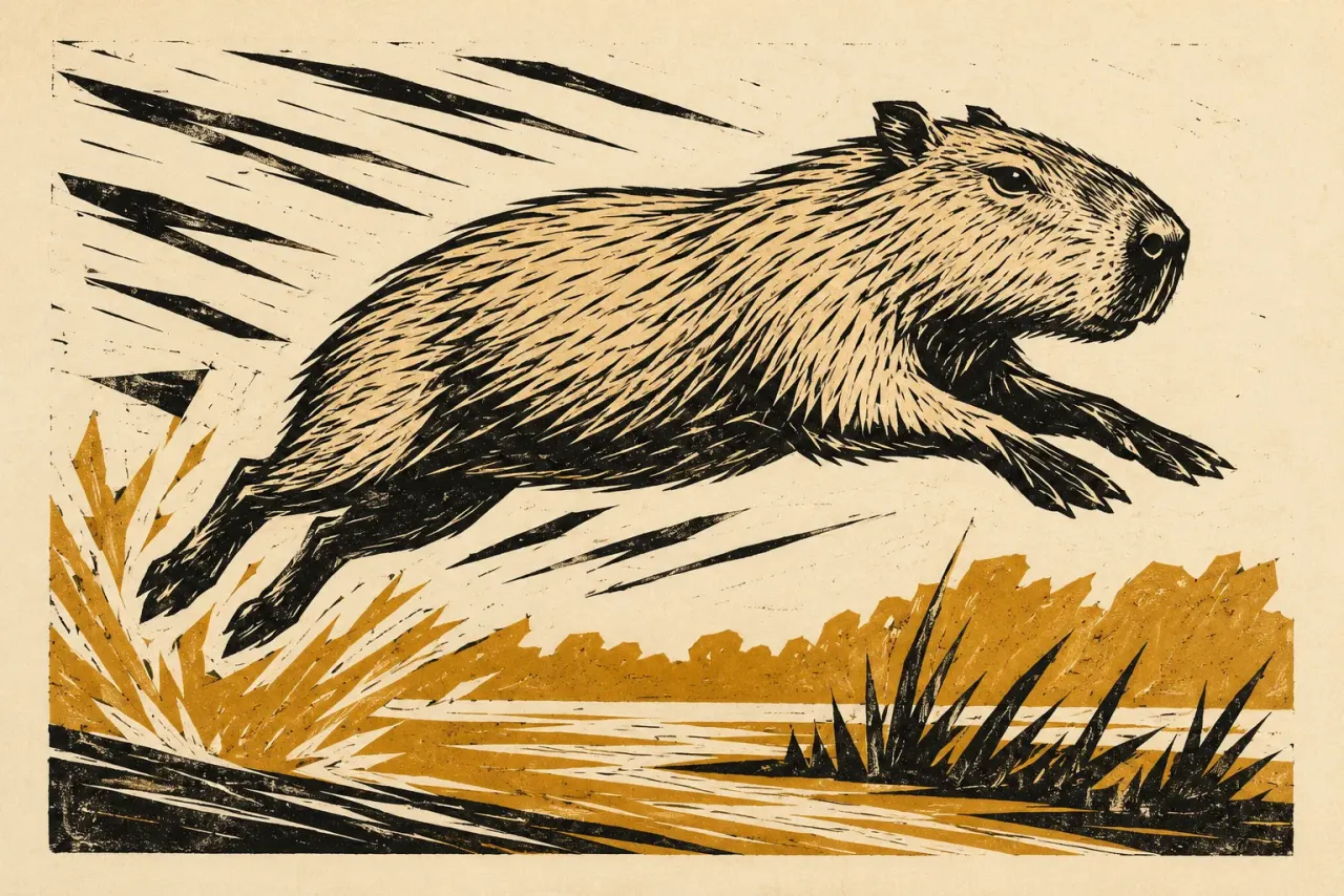 Illustrated capybara leaping through a wetland for a guide to capybara zoomies