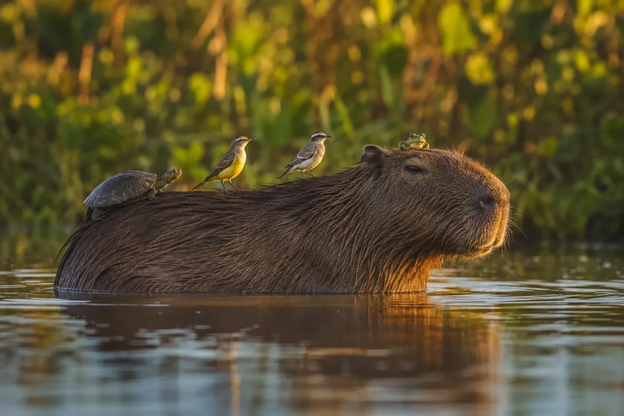 Capybara sitting alert on an elevated position overlooking its surroundings