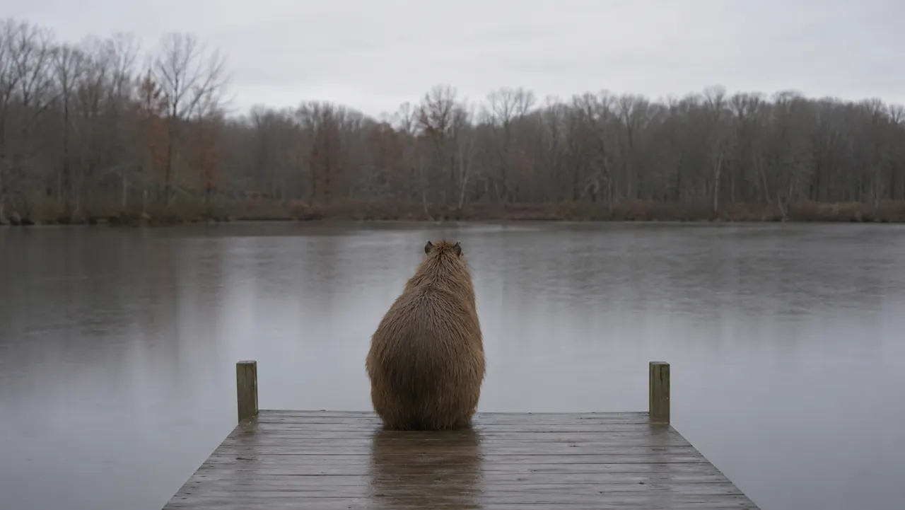 Capybara sitting at the end of a dock facing a grey Missouri lake in winter