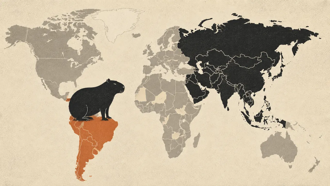 Flat world map illustration with South America picked out in orange and a capybara sitting on top of the continent