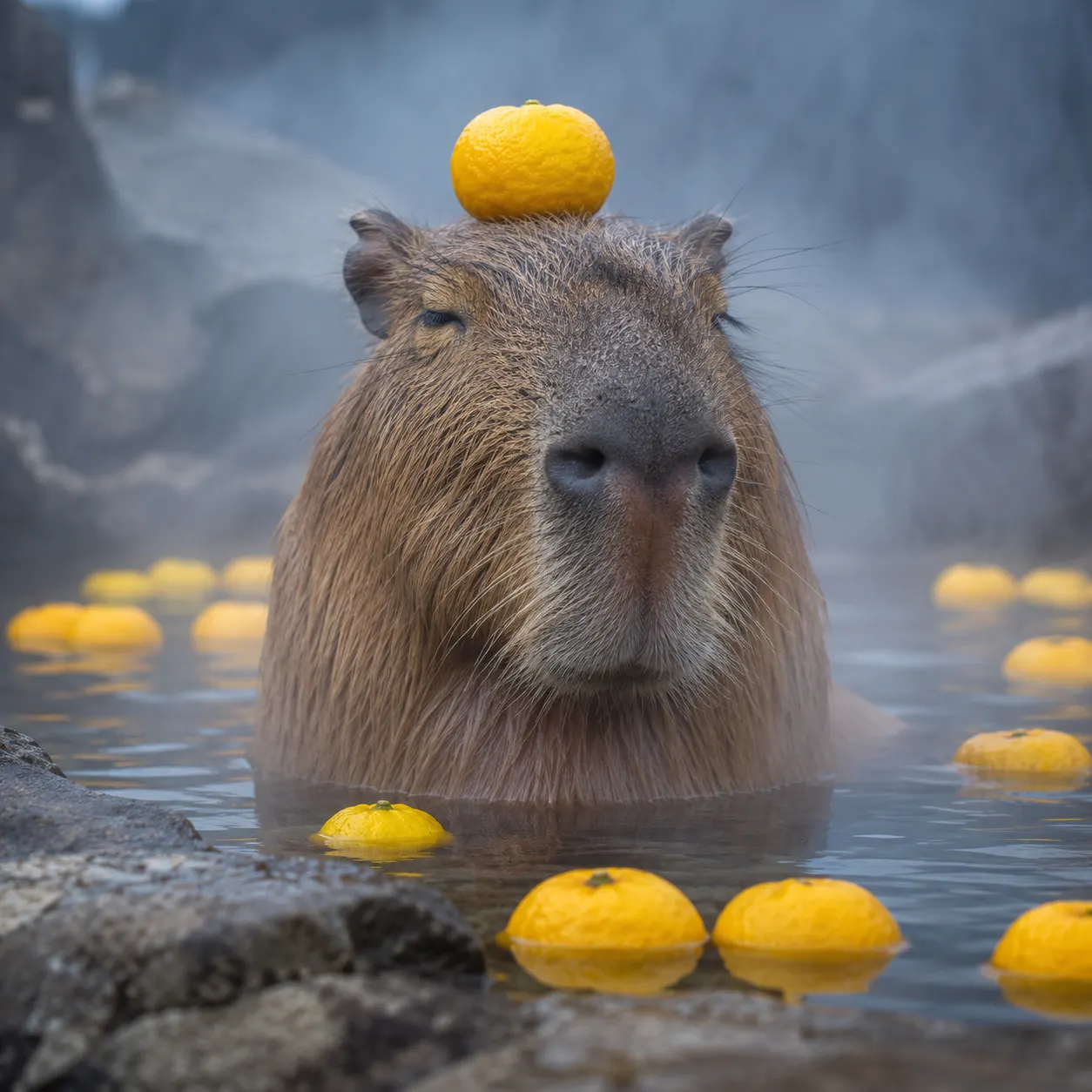 Capybara soaking in a steaming hot spring with a yuzu balanced on its head and more yuzu floating around it