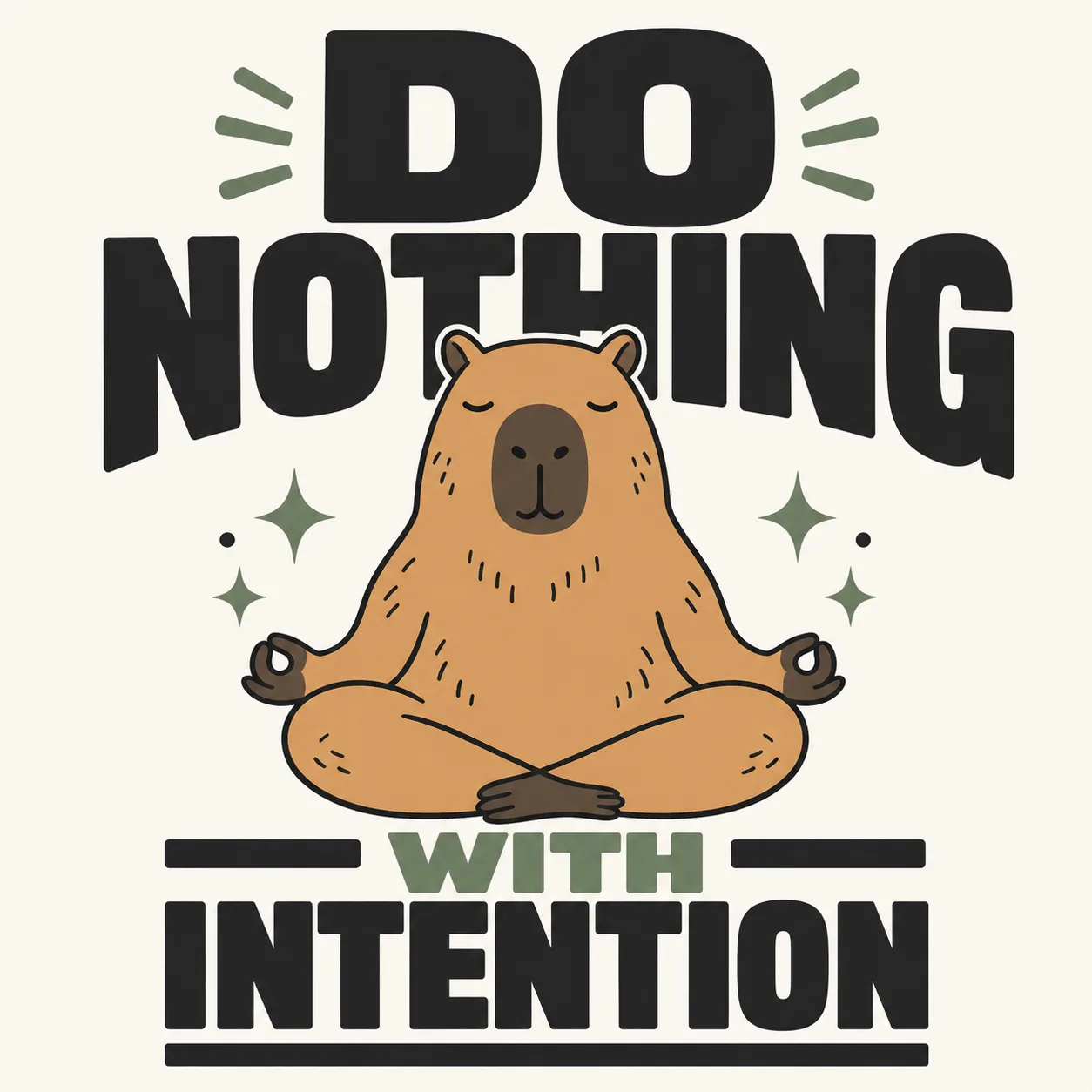 illustrated capybara meditating under bold text that says do nothing with intention
