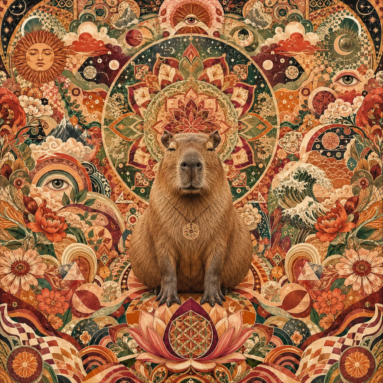 a capybara seated in the center of an ornate spiritual mandala with lotus flowers, a sun deity, the great wave, and all-seeing eyes in warm reds and oranges