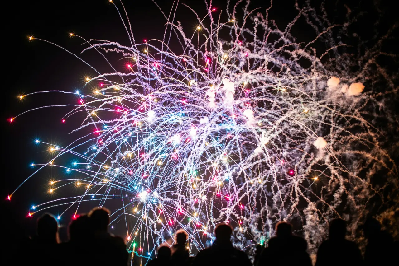 Fireworks bursting in the night sky over a silhouetted crowd watching from below during a July celebration