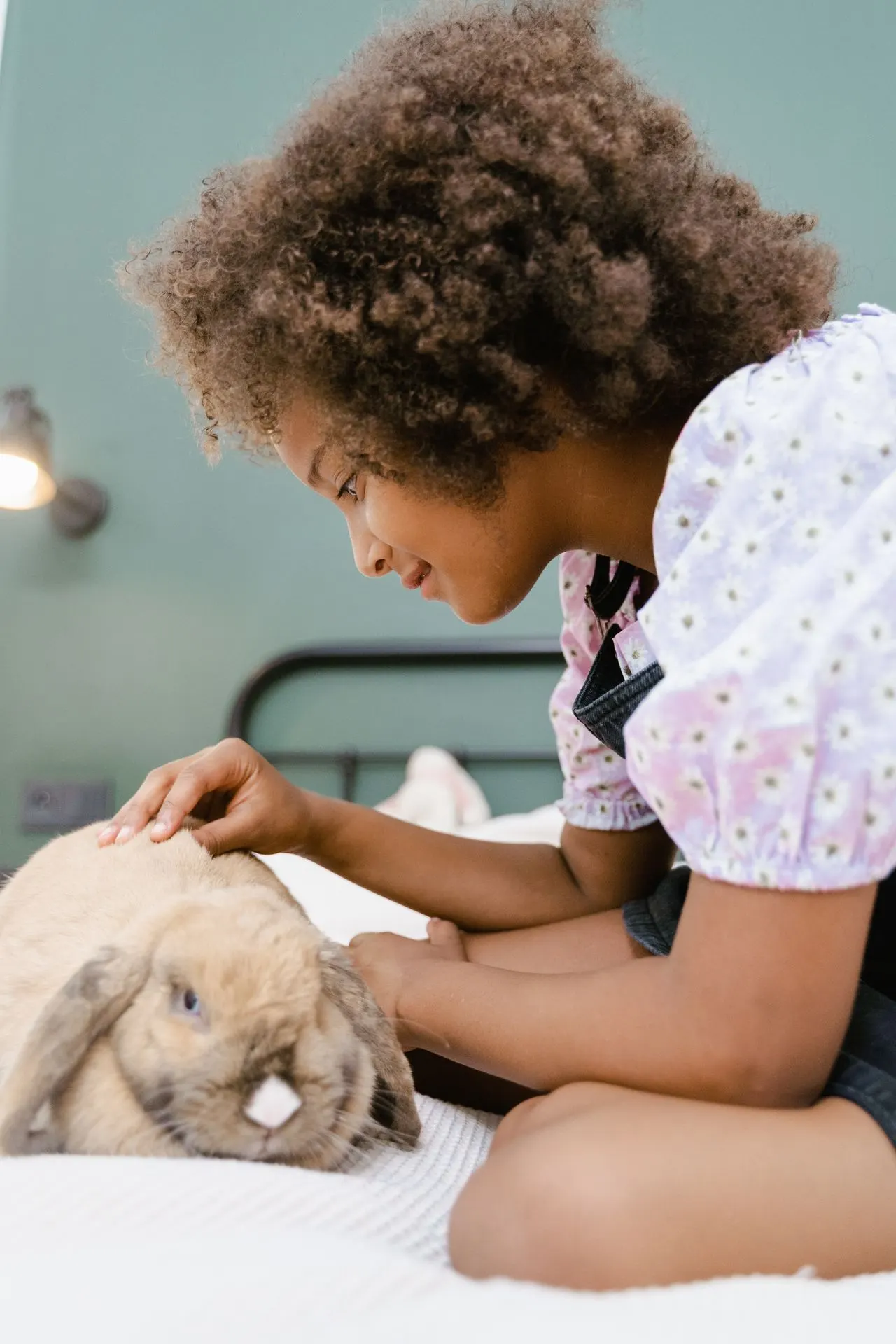 Young child gently touching a small animal while an adult supervises the contact closely