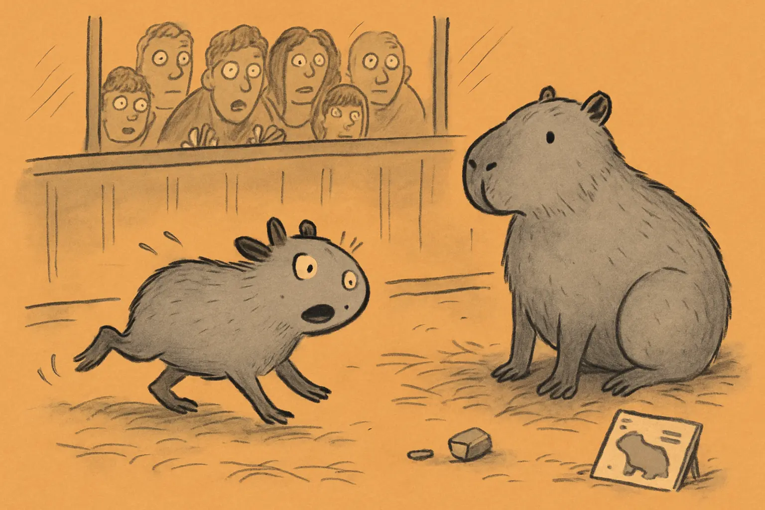 A small, round capybara pup mid-zoom across a zoo habitat enclosure, ears forward, with a larger adult capybara watching from the background.
