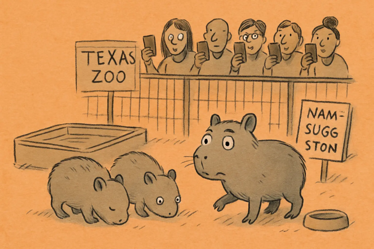 Two small baby capybaras in a zoo enclosure, sitting close together on dry grass, looking in opposite directions.