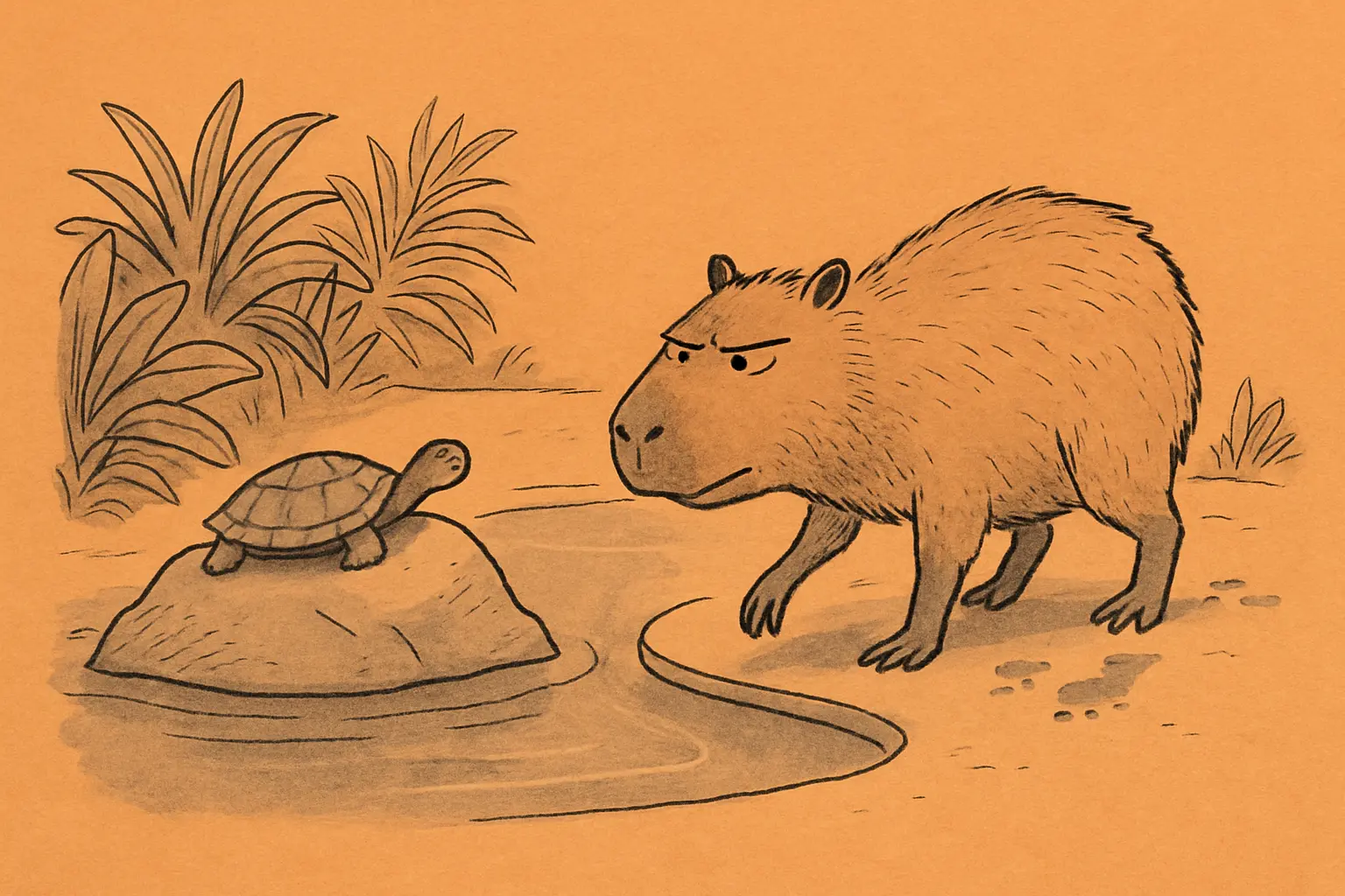 A young male capybara standing near the edge of a shallow zoo pool, peering at a turtle on a nearby rock with ears slightly flattened and a distinctly unimpressed expression.