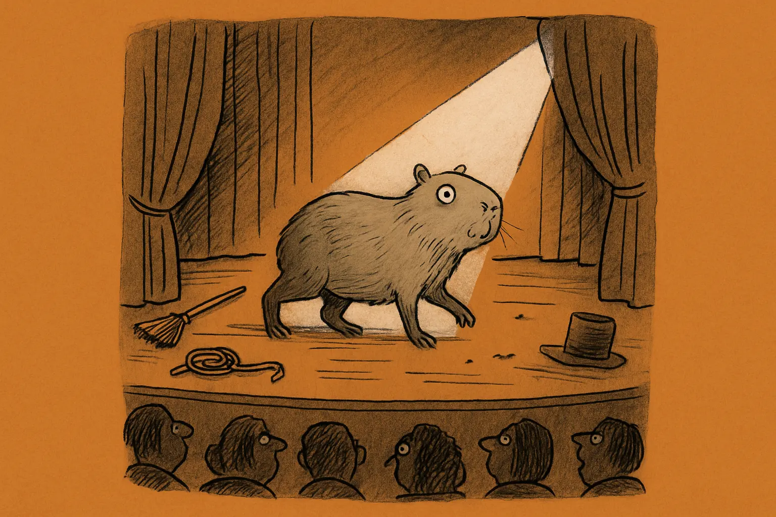 A capybara in a theater, surrounded by surprised audience members and stage lights.