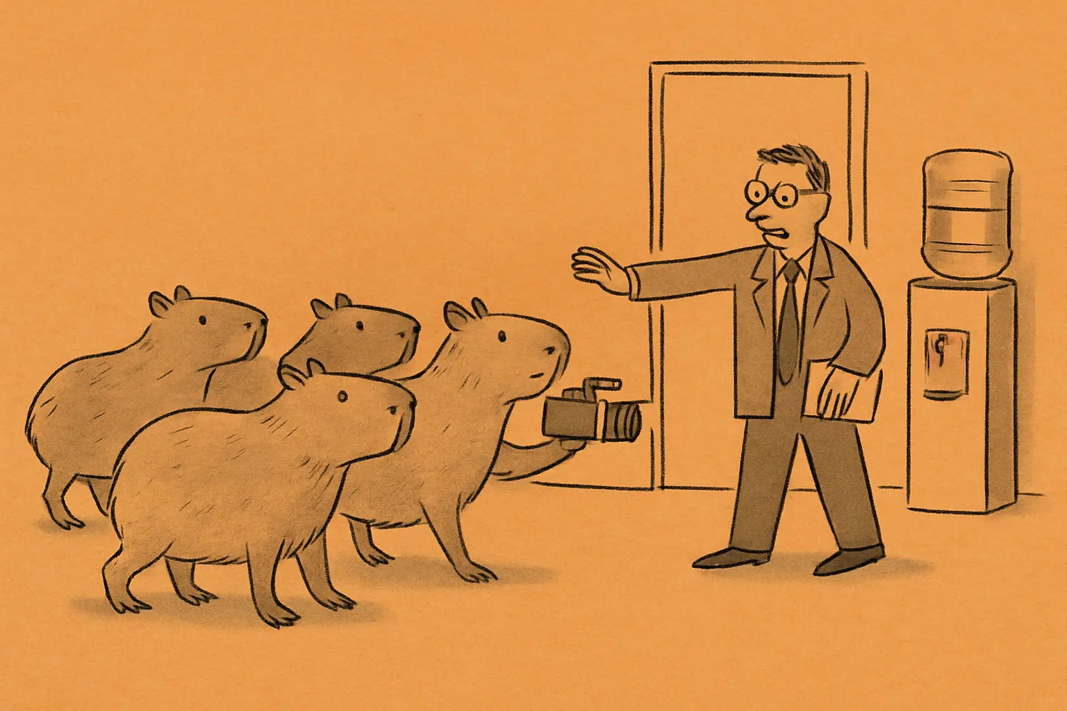 A group of capybaras inside a government building hallway, calmly moving.