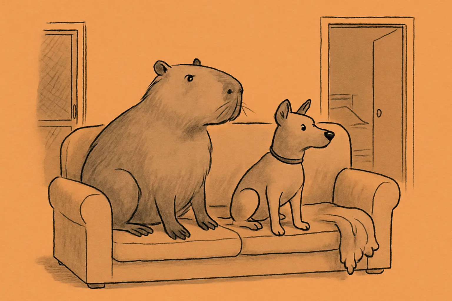 A large capybara sitting confidently on a living room couch next to a dog, with a screen door visible in the background and a blanket slightly askew beside them.