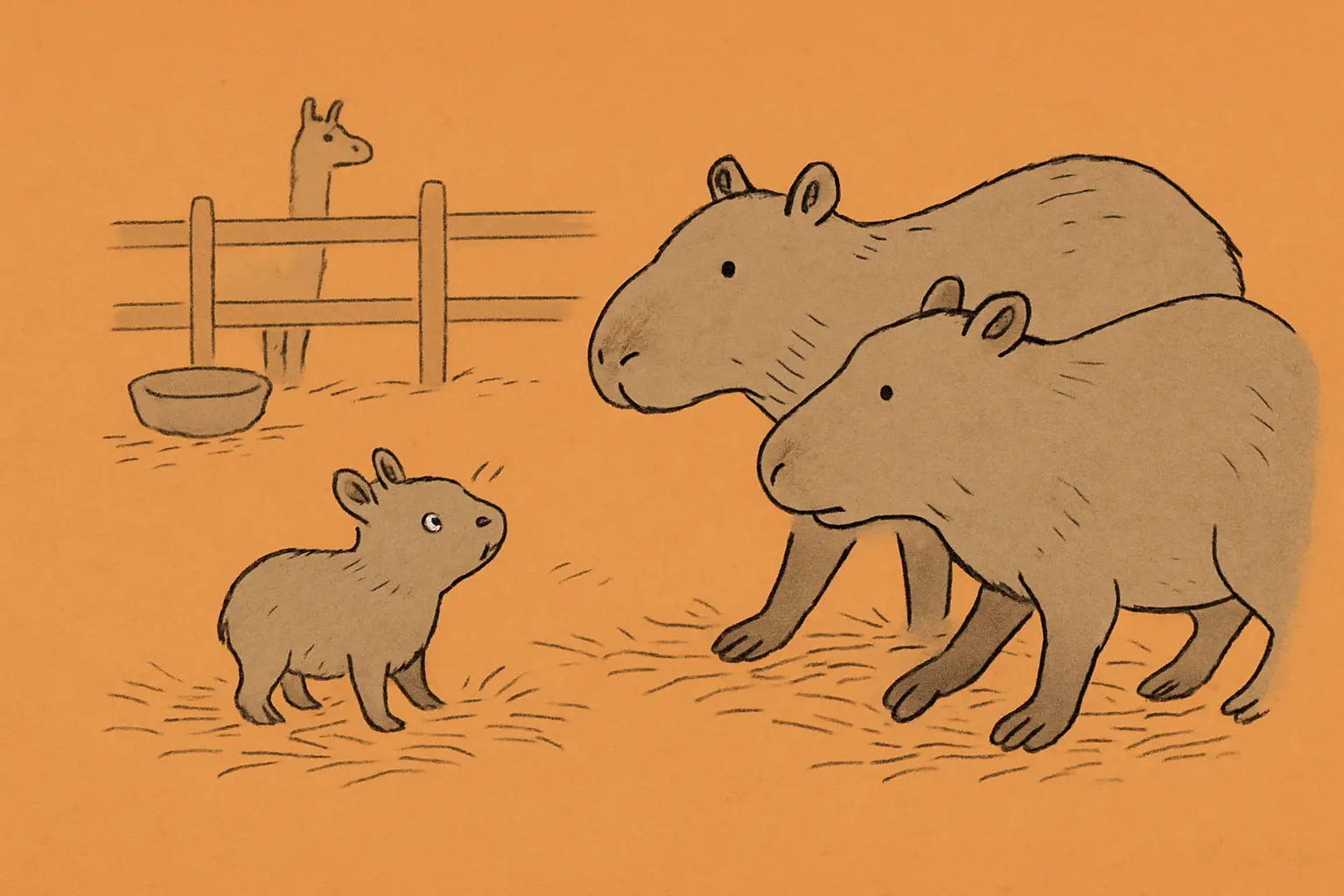 A small capybara pup standing in a farm enclosure, looking up toward two larger capybaras with ears slightly raised and one paw lifted.