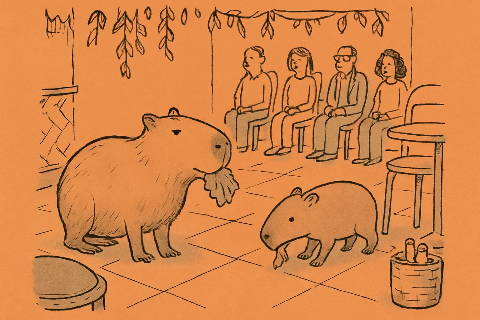 Two young capybaras on a cafe floor surrounded by lettuce leaves and floor cushions, one sniffing a guest's shoe.