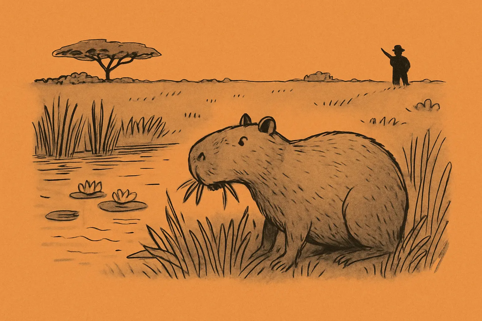 A capybara in the Colombian savannas, grazing on vegetation, with a backdrop of lush greenery and a serene waterway.