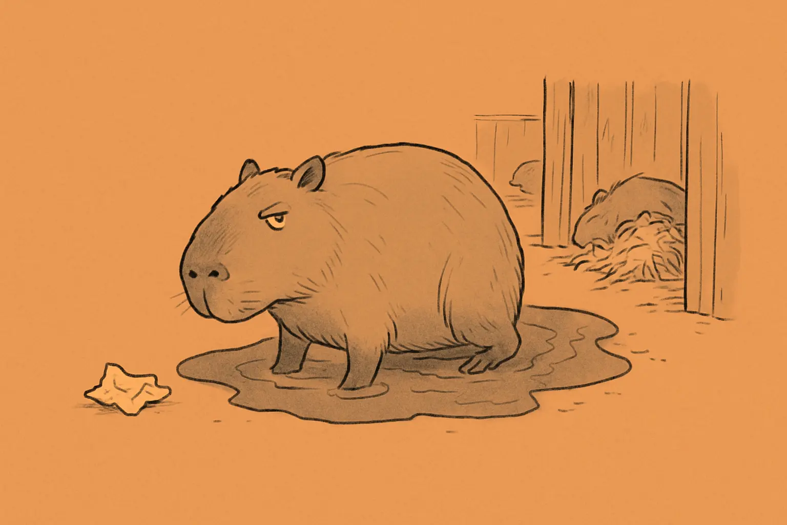 A capybara resting on grass beside a mud wallow at a zoo enclosure, with wood wool bedding visible nearby.