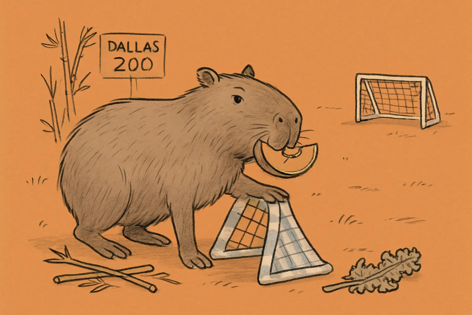 A large capybara standing over a knocked-over miniature soccer goal decorated in blue and white, cantaloupe pieces scattered on the ground around it.