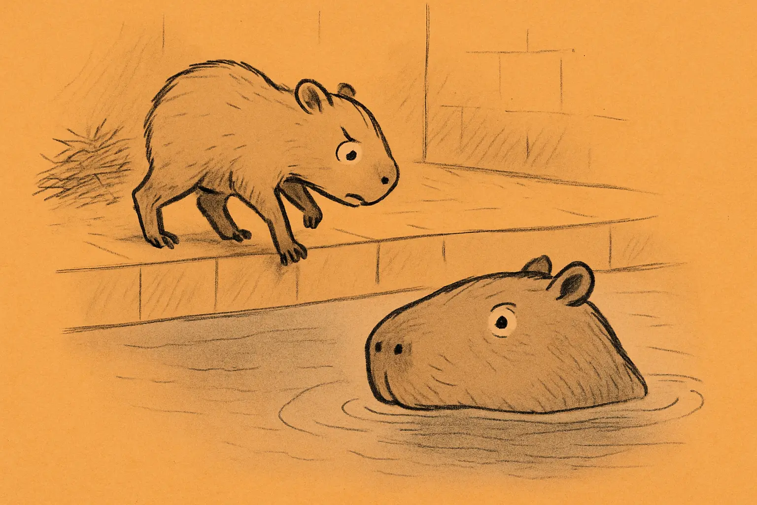 A young capybara pup at the edge of a zoo pool, mid-step toward the water, with its mother already submerged nearby.