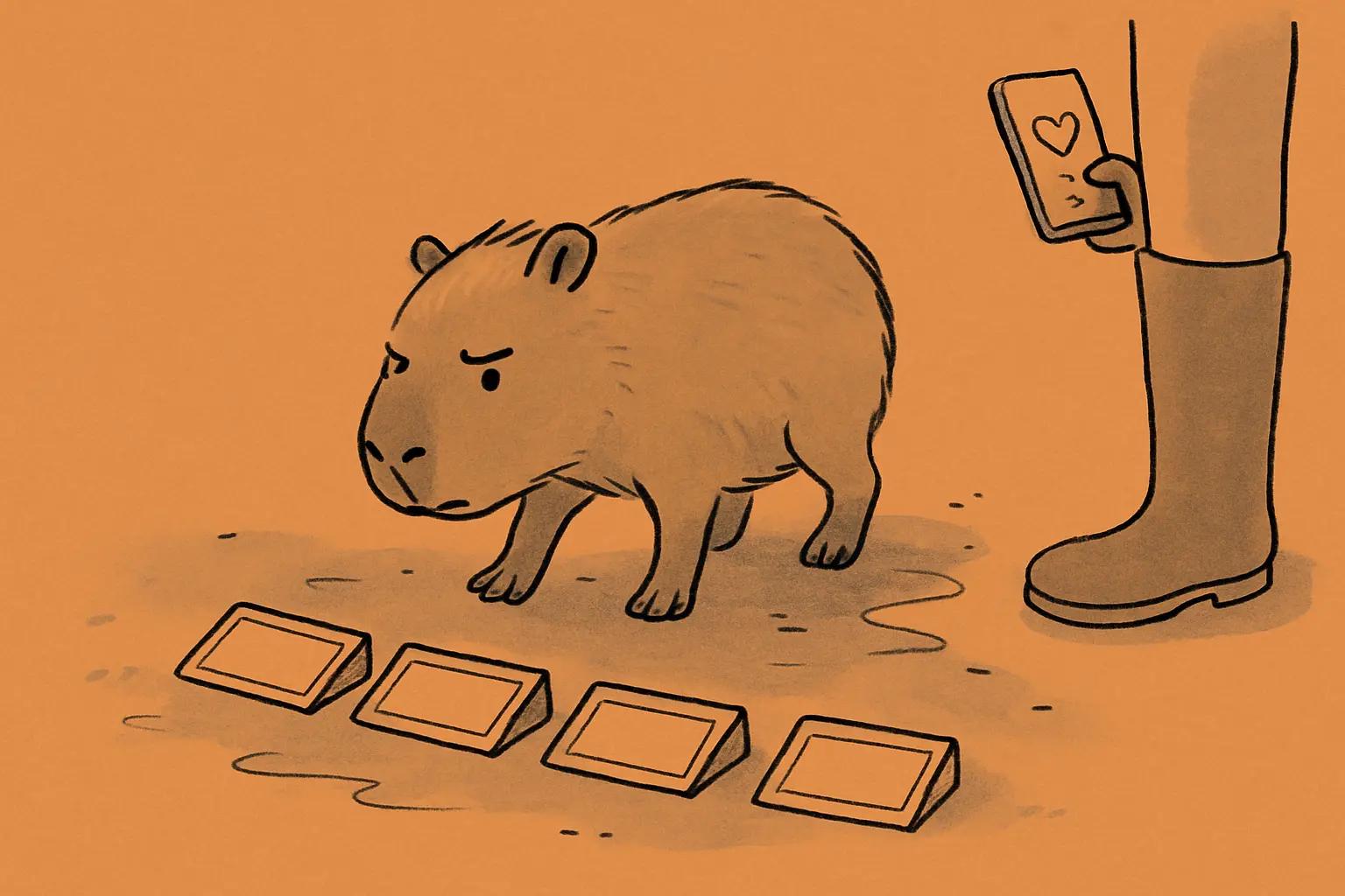 A young capybara pup sitting on a patch of damp grass inside a zoo enclosure, looking sideways at a voting ballot paper on the ground.