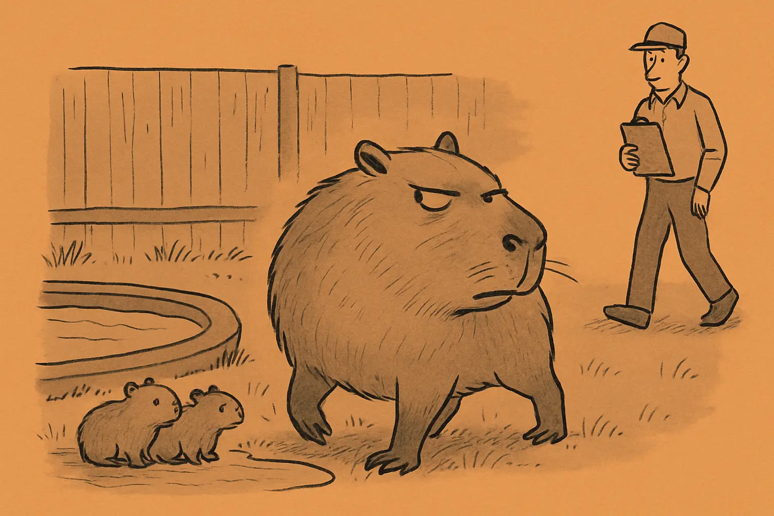 Two small capybara pups beside a large adult capybara near a shallow pool in a zoo enclosure, with the adult watching the water.
