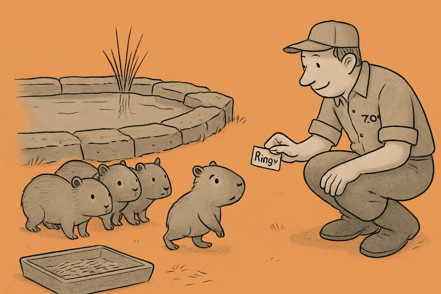 Four small capybara pups huddled together near a water feature at a zoo enclosure, one of them side-eyeing a keeper holding a sign that reads "Ringo".