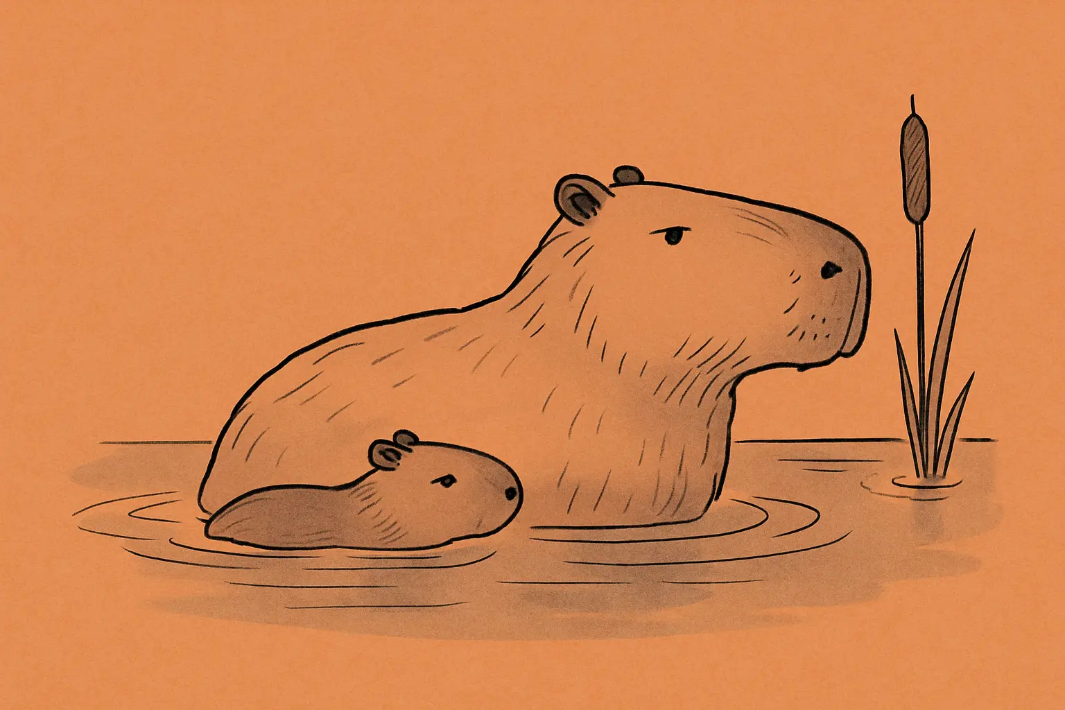 An illustration of a small capybara pup swimming beside a larger adult capybara in calm water, with ripples spreading outward from both animals.