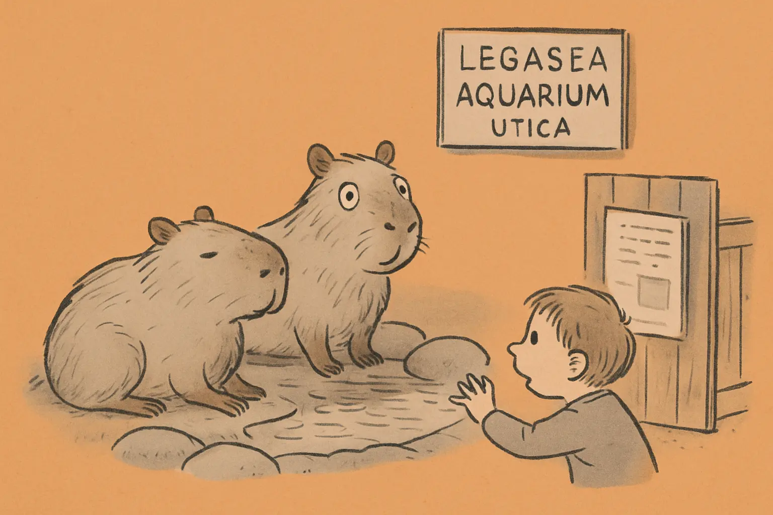 Two capybaras in an aquarium setting with water features