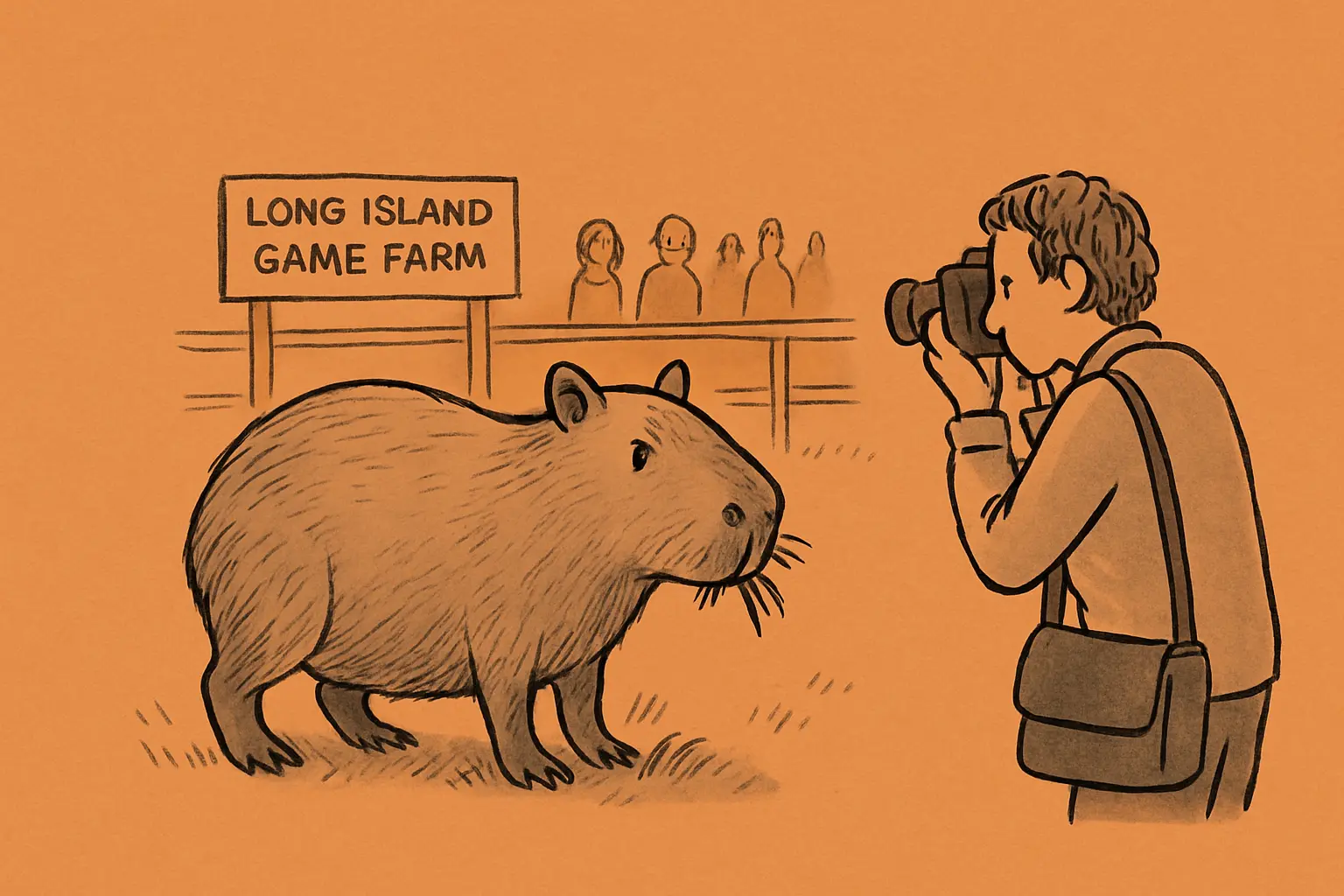 A capybara at the Long Island Game Farm beside a visitor, munching on grass, noticing a photographer, pausing with one ear slightly raised, an informational sign and a small crowd in the background.
